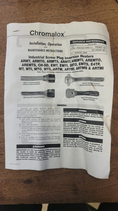 Chromalox Oil Tank Heater - MTO-390A